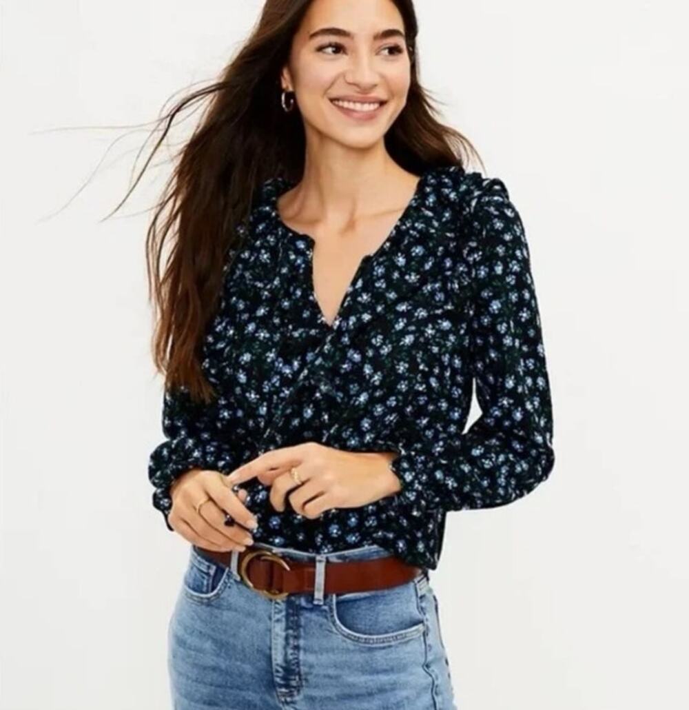 LOFT Black Blue Floral Ruffle Tie Neck Blouse Romantic Cottagecore XS